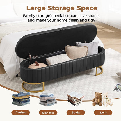 Storage Ottoman Bench, 63" Faux Leather End of Bed Bench Bedroom Bench King Size with Golden Metal Legs, Upholstered Storage Bench for Bedroom Living Room Entryway and Window, Black
