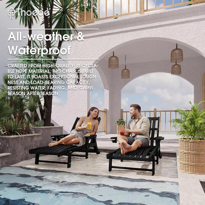 THOEOE Patio Chaise Lounge Chair,HDPE Lounge Chair Outdoor with Wheels | Oversized pool lounge chairs with cup holder, 5 adjustable position for patio,outside,pool,deck