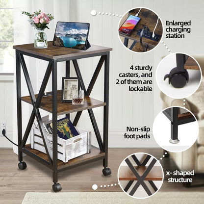 Square End Table with Charging Station, 3-Tier End Table Living Room, 16" D X 16" W X 28" H, Wood and Metal Table with USB Ports and Outlets, Side Table with Wheels for Living Room, Bedroom, Kitchen