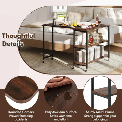 Giantex 360° Free Rotating Sofa Side Table, Patented Mobile End Table with 2-Tier Storage Shelves, 6 Universal Casters, Movable Laptop Tables for Snack, Couch, Walnut