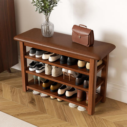 Shoe Rack Bench with Leather Cushion 3-Tier Shoe Rack Organizer for Entryway Hallway or Living Room Farmhouse Rustic Wooden Seat Bench Walnut 11.8" Dx31.5 Wx20.4 H