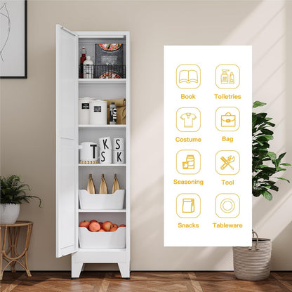 YAUWOH White Narrow Metal Storage Cabinet, Tall Freestanding Cabinet with 4 Adjustable Shelves & Barn Doors, Pantry Organizer for Bathroom Kitchen Home Office Dining Room（1PC,White）