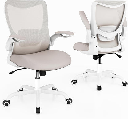 MUXX.STIL Office Chair, Ergonomic Desk Chair with Adjustable Lumbar Support and Flip up Armrest, Breathable Mesh Computer Chair for Home Office, Khaki