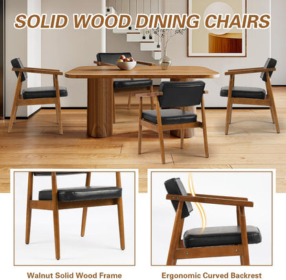 LSSPAID Mid Century Dining Chairs Set of 4, Black PU Leather with Walnut Finished Handrails Comfy Backrest, Farmhouse Dining Room Chairs for Kitchen, Living Space & Restaurant