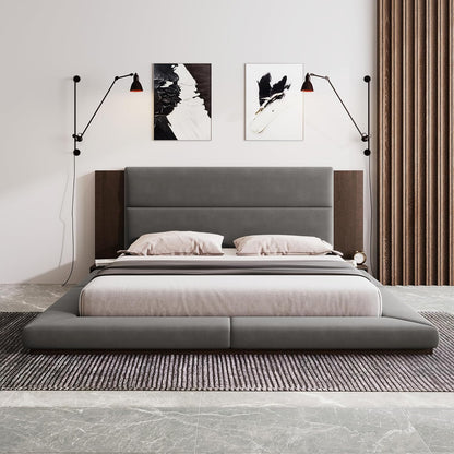 SOFTSEA King Size Floor Platform Bed Frame, Upholstered Floor Bed with Extended Headboard & Bedside Shelf, Velvet Fabric Grounded Bed Frame King Size for Bedroom, No Box Spring Needed, Gray