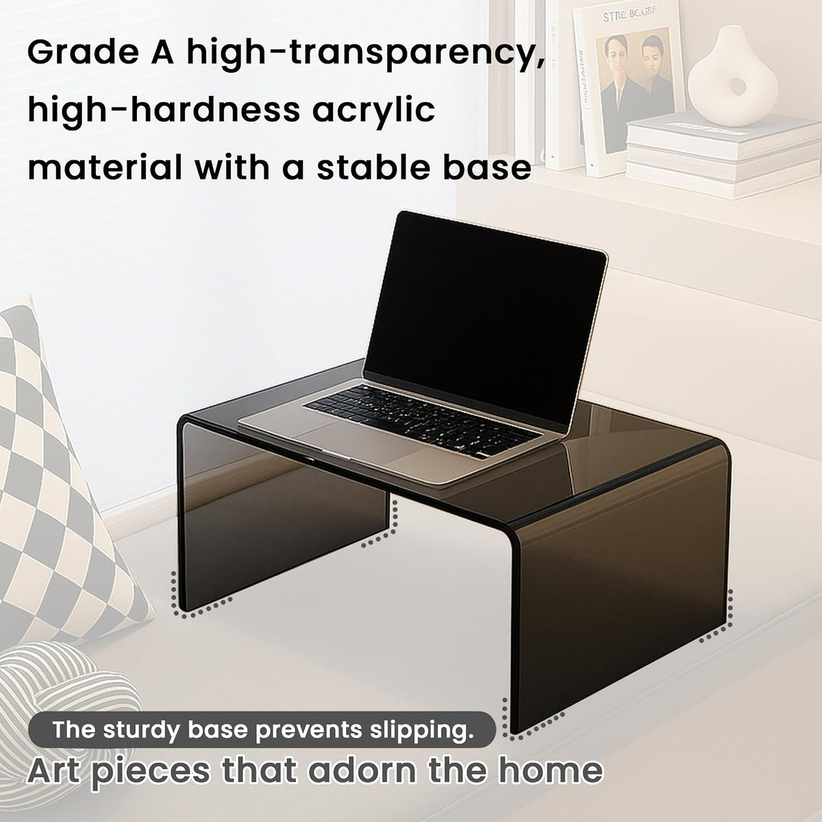 Gray Acrylic Compact Accent Table – Modern Multipurpose Small Side Table or End Stand for Apartment Living, Bedrooms and Reading Corners – Waterfall Design, No Assembly, 15.7"×11.8"×11.8"