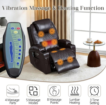 AHMED Dual Motor Power Swivel Rocker Recliner Chair, Faux Leather, Brown | Electric Glider Rocking Chair, Massage & Heat, Cup Holders, LED Lights, USB A/USB C Ports