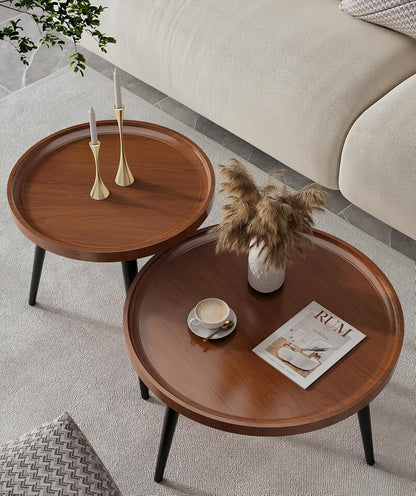 2-Piece Walnut Coffee Table,Durable Mid Century Small Round Coffee Tables for Living Room,Easy Assembly Modern Nesting Coffee Tables Set,Circle Side Tables for Sofa Bedside Balcony