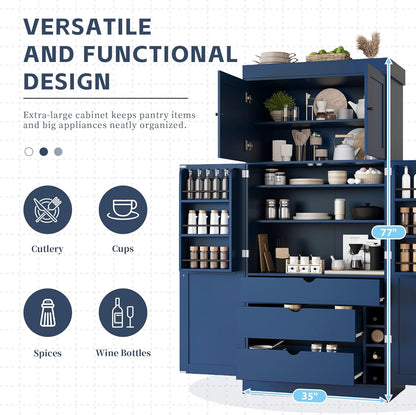 Merax 77''Tall Freestanding Kitchen Pantry,Farmhouse Tall Storage Cabinet with 2 Standard Plugs and 2 USB Ports,Wood Food Pantry with Adjustable Shelves,Door Shelves, Drawers and Wine Racks,Blue