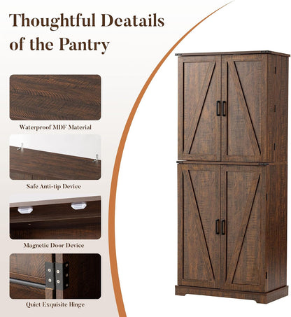 HOMPUS 71" Tall Kitchen Pantry Cabinet with Doors and Drawer, Farmhouse Storage Cabinet with Adjustable Shelves, Rustic Wood Cupboard for Kitchen, Dining Room, Living Room, Bathroom, Rustic Brown