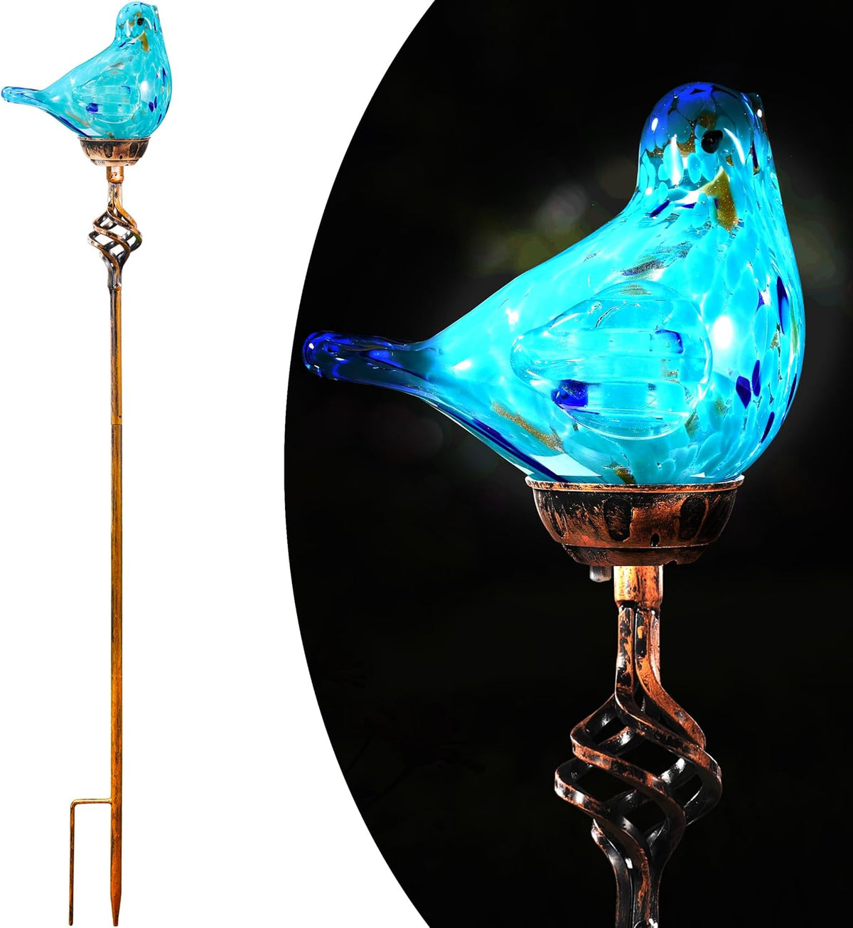 Decorative Solar Lights, Outdoor Solar Bird Stake Lights, Hand Blown Glass Decorative Garden Pathway Lights Outdoor Waterproof Glass Stakes (Light Blue)