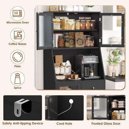 BOTLOG 64'' Kitchen Pantry Storage Cabinet, Tall Kitchen Storage Cabinet with Microwave Stand, Hutch Cabinet with Adjustable Shelves, for Dining Room, Black | Save Space, Frosted Glass Door, Hutch Cabinet with Adjustable Shelves, for Dining Room (Black)