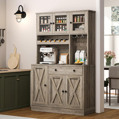 YITAHOME 71''H Kitchen Pantry Cabinet, Grey | Tall Cabinet with Drawer, Doors & Goblet Holder, Wine Rack, Power Outlet, For Kitchen & Living Room