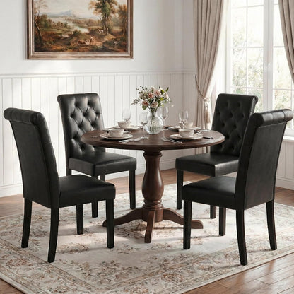 LSSBOUGHT Upholstered Dining Chairs Set of 4,Tufted Parsons Kitchen Chair with Solid Wood Legs, Modern PU Leather Side Chair for Dining Room/Restaurant(4pcs,Black)