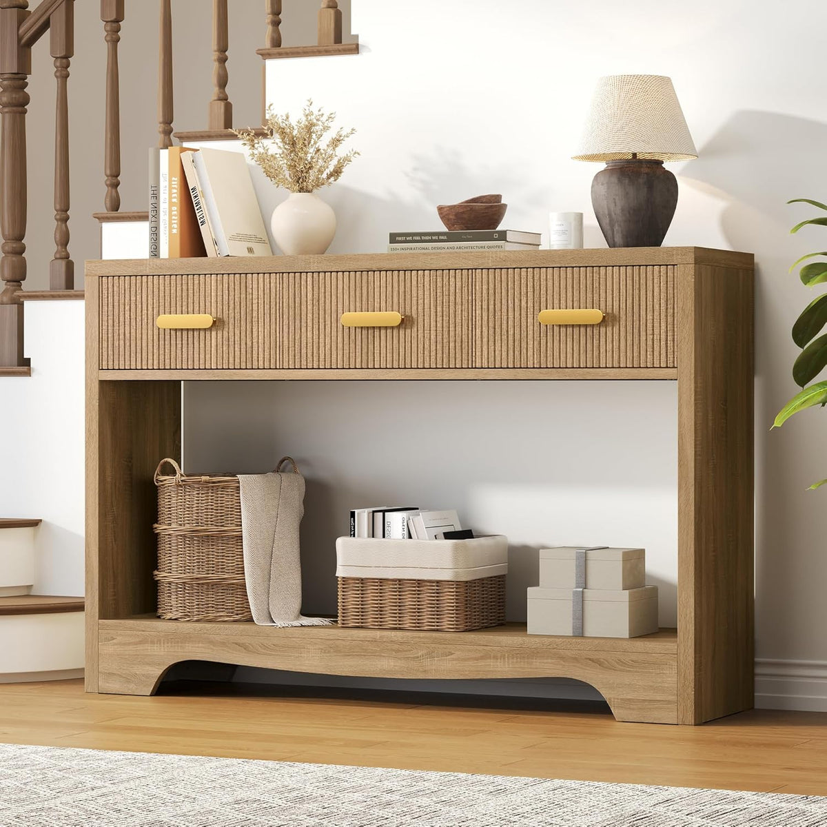 Fluted Console Table with Drawers, 47" Narrow Entryway Table with 3 Drawers and Open Storage Shelf, Long Sofa Tables Modern Behind Couch Tables for Living Room, Foyer and Hallway