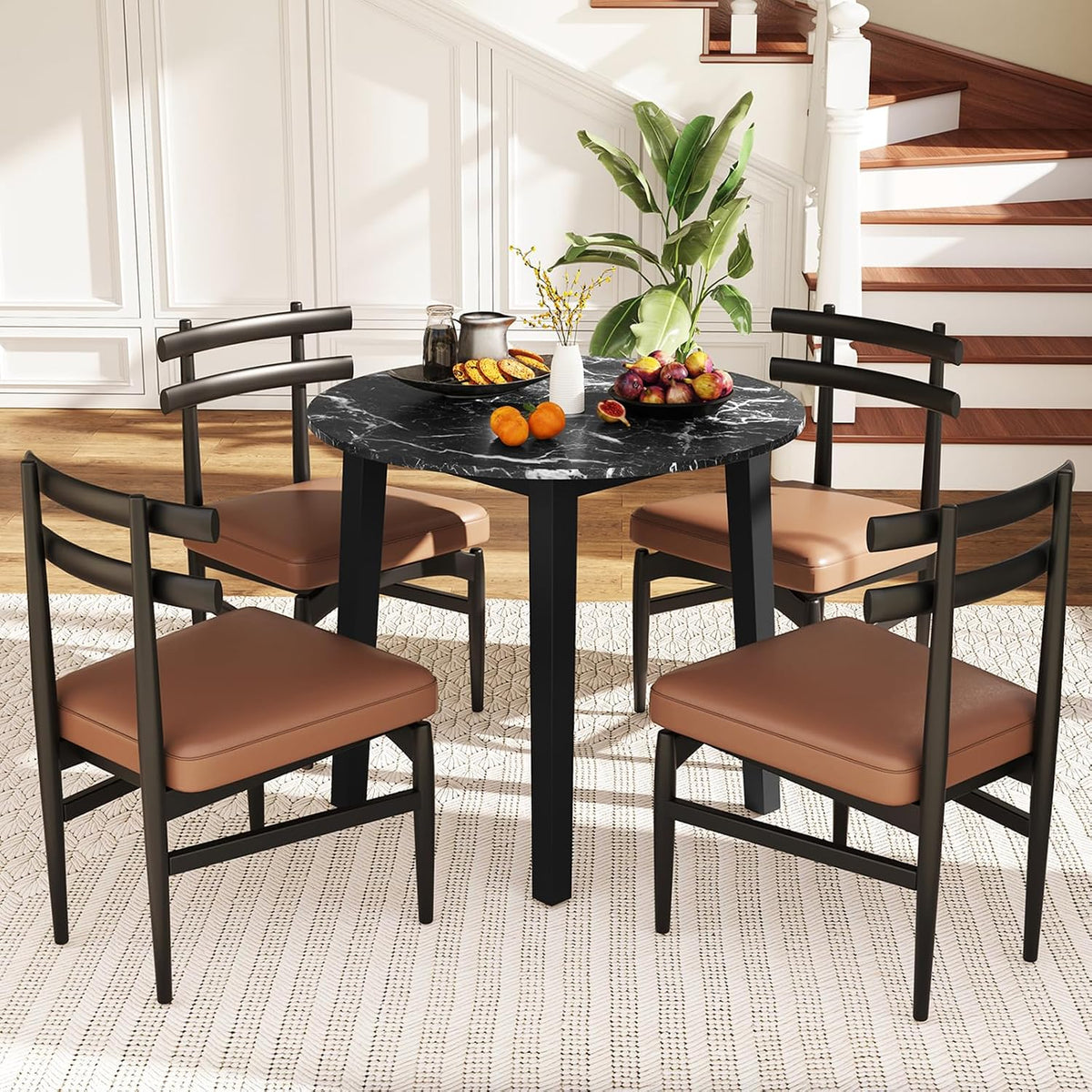 Giantex 35” Round Dining Table with Rubber Wood Legs, Marble-Textured Veneer Tabletop, Leisure Kitchen Table for 2 to 4 Person, Dinette, Living Room, Black