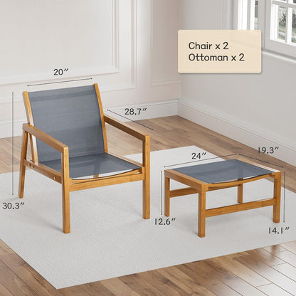 Greesum 4 Piece Furniture Outdoor Acacia Wood Chair with Ottoman for Porch, Balcony, Deck, Patio, Backyard, Gray