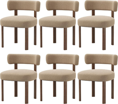 Wooden Dining Chairs Set of 6, Upholstered Kitchen Chairs with Solid Wood Legs, Mid Century Dining Room Chair with Ergonomic Curved Backrest for Kitchen Dining Vanity, Camel