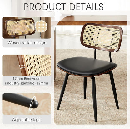 Dining Chairs, Swivel Dining Chairs Set of 6, Faux Leather & Rattan Walnut Dining Room Chairs, Bentwood & Metal Frame Upholstered Chairs with 360°Rotation, Modern Kitchen/Living Room Chair (Black)
