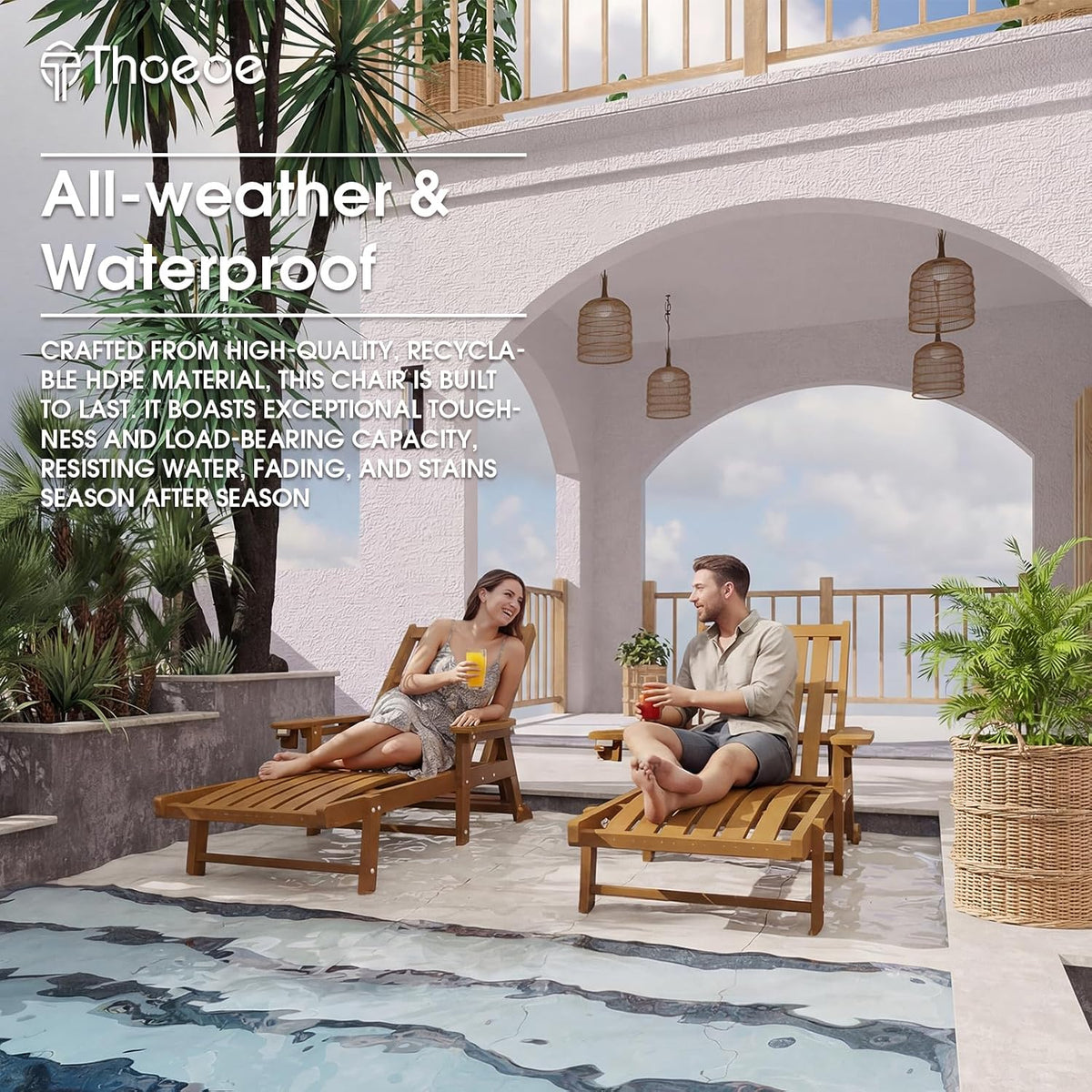 Outdoor Chaise Lounge Chair Set of 2,HDPE lounge chair outdoor with Wheels | Oversized pool lounge chairs with cup holder, 5 adjustable position for patio,outside,pool,deck
