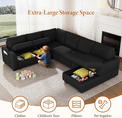 Vesgantti 113.6" Modular Sectional Sofa with Pull Out Bed, 7 Seater, Black