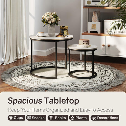 Otterease Nesting Tables Set of 2, Small Round Coffee Table for Living Room | Nesting Coffee Table with Adjustable Non-Slip Feet, Wood Grain Top Nesting Table for Living Room, Bedroom (Wood Grain Grey)