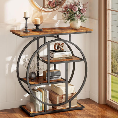 Cottage Charm Entryway Console Table, 31.5" Sofa Table Behind Couch with Curved Metal Frame and Wood Shelves, Decorative Console Table for Living Room, Hallway, Foyer, Rustic Brown