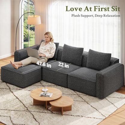 Welzona 103" Modular Sectional Sofa, Sectional Couch, Sofas for Living Room | Comfy Cloud Couch, Tool-Free Setup Couches for Living Room, Wood Frame L Shaped Couch with Ottoman, 22" Deep Seat, Grey Sofa