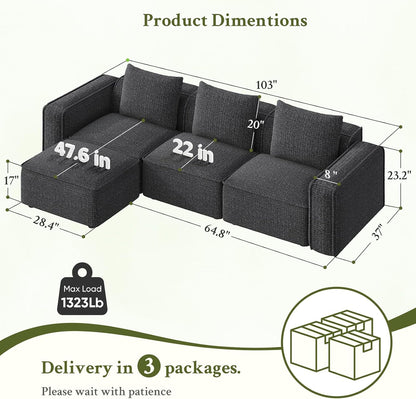 Welzona 103" Modular Sectional Sofa, Sectional Couch, Sofas for Living Room | Comfy Cloud Couch, Tool-Free Setup Couches for Living Room, Wood Frame L Shaped Couch with Ottoman, 22" Deep Seat, Grey Sofa