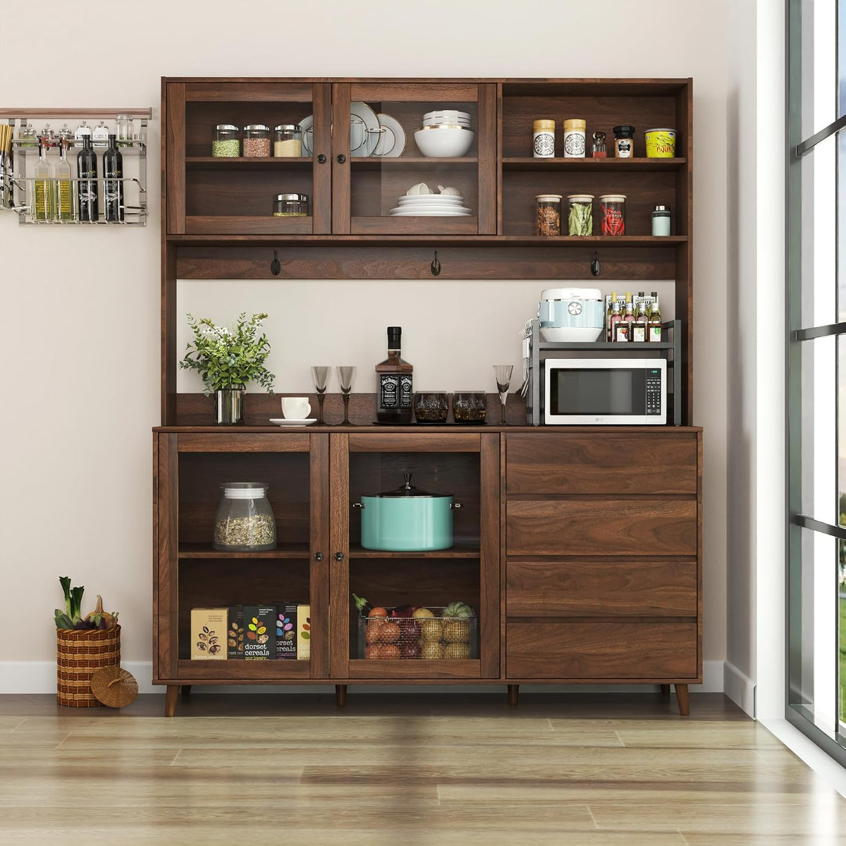 63" W Large Kitchen Pantry Cabinet, Freestanding Hutch Cabinets Storage Kitchen Cupboard with 4 Doors, 4 Drawers & Microwave Shelf, Walnut