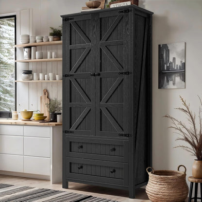 DWVO Farmhouse Kitchen Pantry Cabinet, 64.5" Tall Storage Cabinet with 2 Drawers and Adjustable Shelves, Versatile Storage for Living Room, Dining Room or Hallway, Oak Black