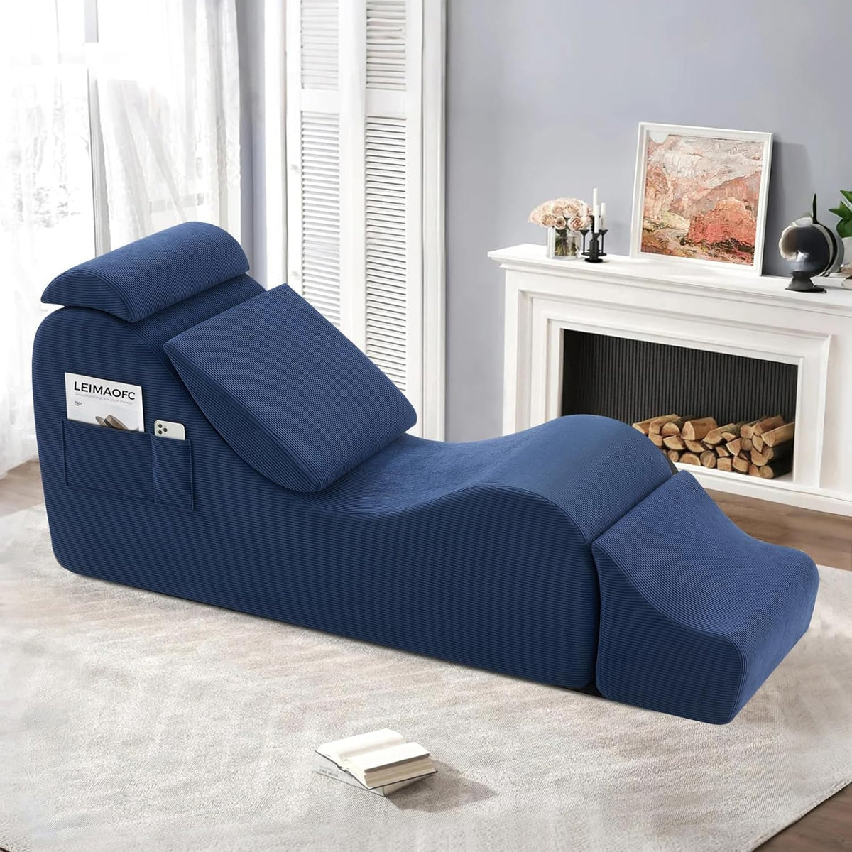 Yoga Chairs for Adults, Ergonomic Chaise Lounge Chair Indoor with Side Pocket, Lumbar Pillow, Ottoman, Yoga Chair Perfect for Stretching, Relaxation, Exercise, Used in Bedroom, Living Room (Blue)