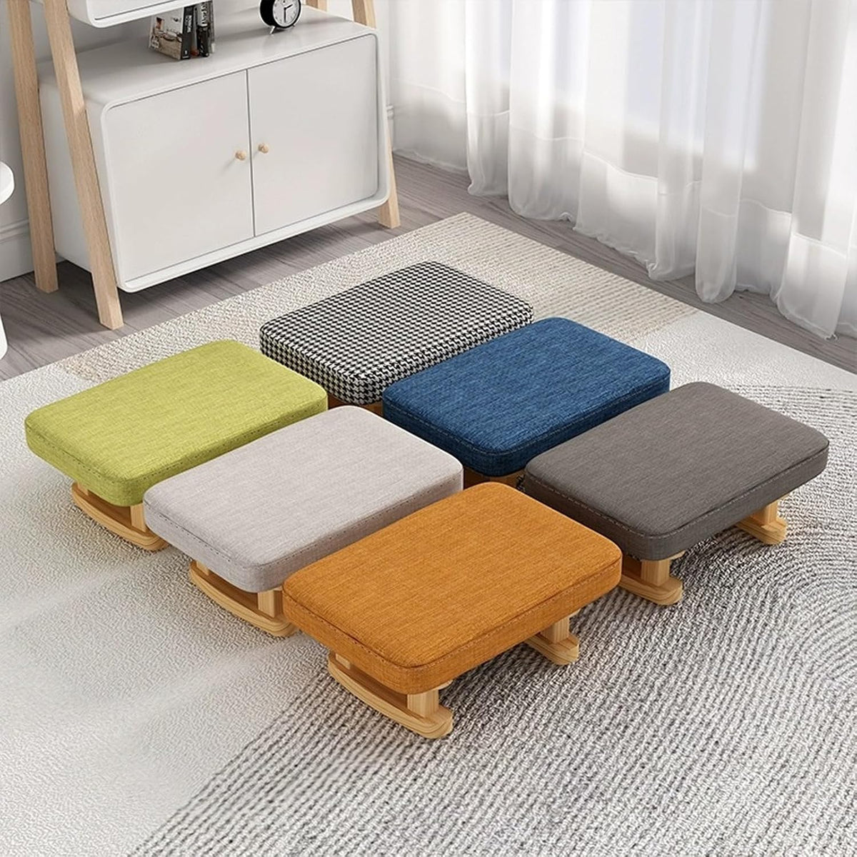 7-Inch High Stool, Small Linen Footstool, Solid Wood Frame, Entryway Shoe Bench, with Padded Footrest, Suitable for Living Room, Entryway, and Bedroom Natural Legs Blue