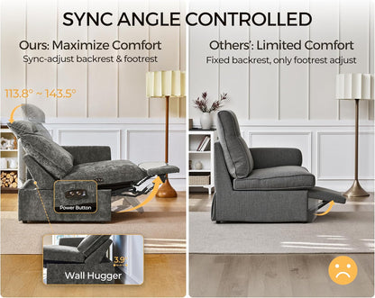 138.6'' Oversized Power Recliner Sofa with Headrest, Modular Cloud Sectional Couch with Convertible Table, Charging, Drawer, Cup Holder, 4-Seater with Storage Ottoman, Chenille, Grey