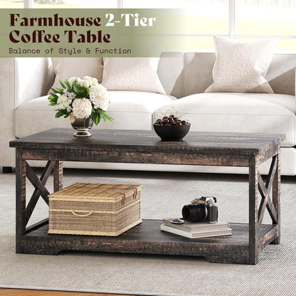 AMERLIFE 3 Piece Farmhouse Living Room Coffee Table Set, Dark Oak | Coffee Table & 2 End Tables with Charging Station and USB Ports, Farmhouse Style, Barn Door Design, Living Room Furniture