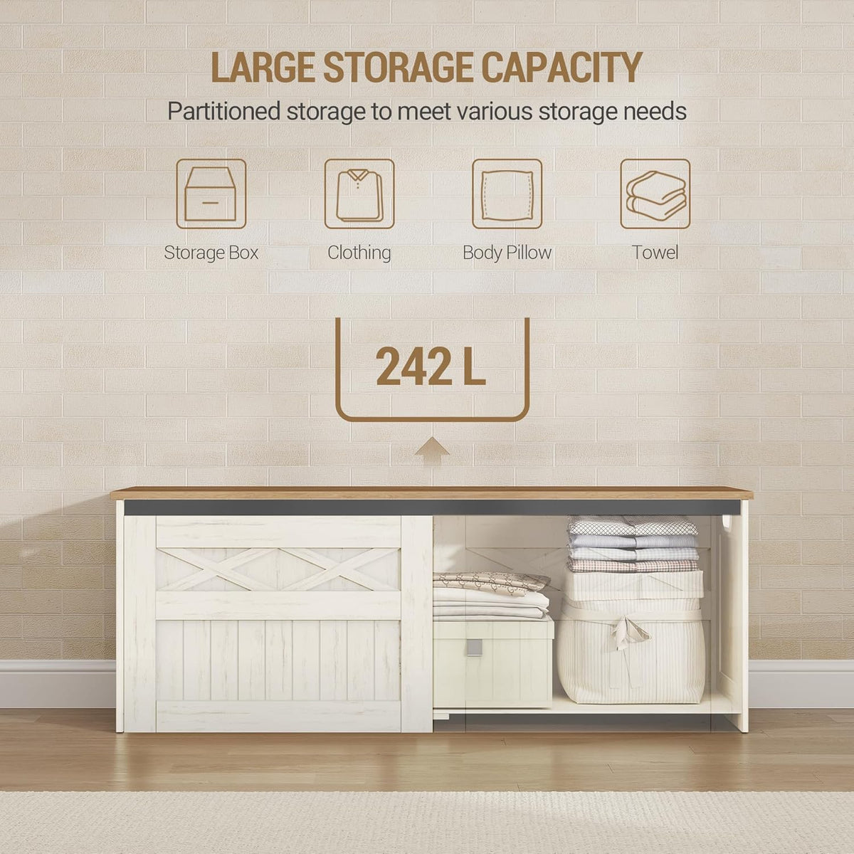 Hzuaneri 47.2" Storage Chest, Large Storage Bench with 2 Hinges, Farmhouse Wooden Box Bench, Lift-Top Organizer Chest, Wooden Bed End Bench, Suitable for Entryway, Bedroom, Retro White SB51214X