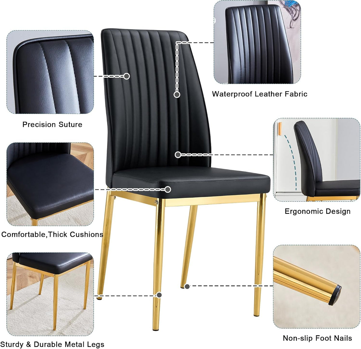 7 Pieces Modern Dining Table Set 63" Black Marble Dining Table Set for Rectangle Dining Room Table and 6 Black PU Leather Chairs for Kitchen, Office, Meeting Room, Restaurant