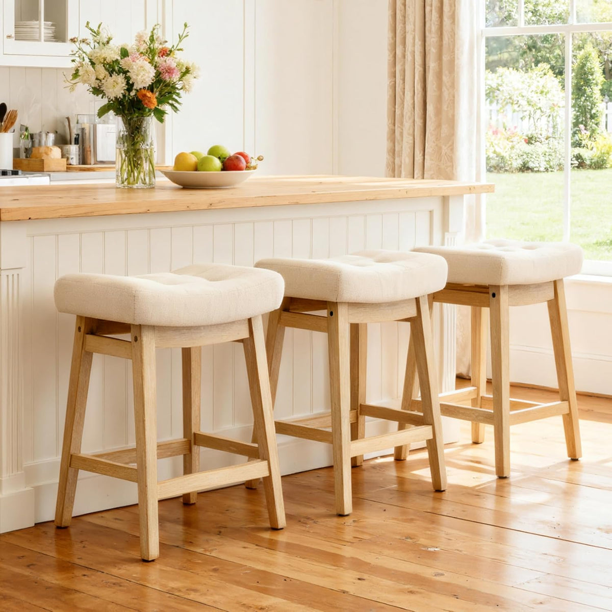 Counter Height Bar Stools Set of 3 for Kitchen Counter, Backless Farmhouse Island Short Barstools No Back with Padded Fabric Saddle Seat & Solid Wood Legs Modern 24 inch Counter Top Bar Chairs, Khaki