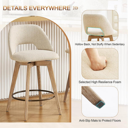 Zesthouse Swivel Bar Stools Set of 2, Wood Counter Height Chairs with Backs | 26" Wooden Bar Stools with Distressed Solid Wood Leg, Upholstered Linen Fabric Barstools, Vintage Kitchen Island Chair, Beige