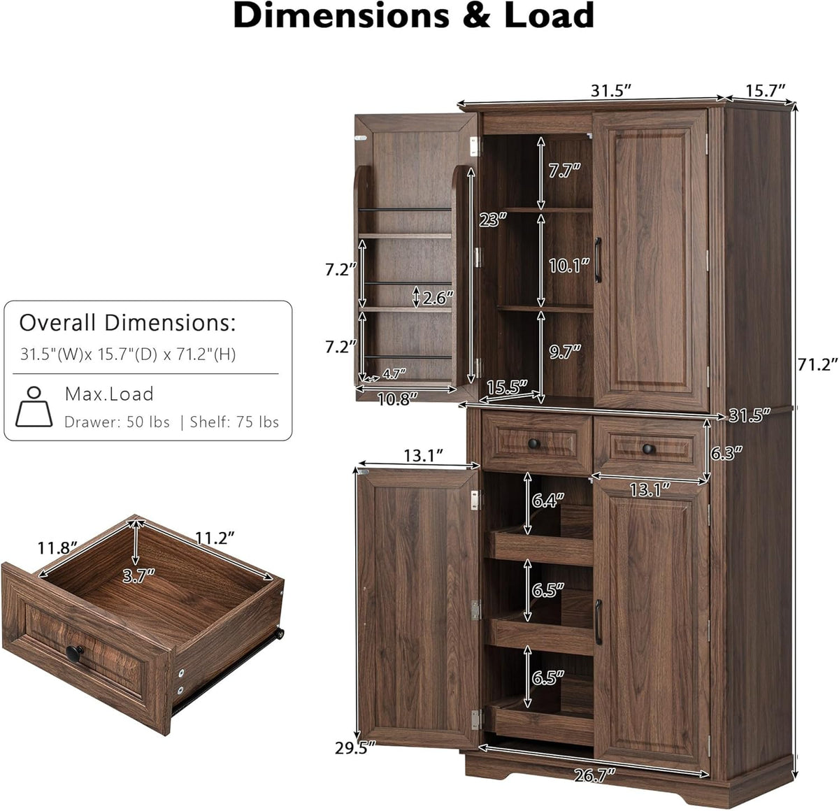 71" Tall Kitchen Pantry Cabinet, Freestanding Storage Cupboard with 3 Pull-Out Organizers, 6 Door Shelves & 2 Drawers, Embossed Texture Finish, for Kitchen Dining Room (Brown 4 doors 2 drawers +MDF)