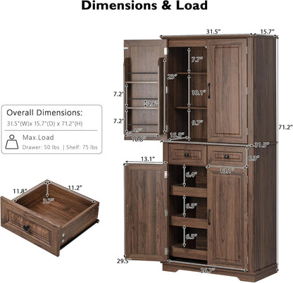 Polibi 71.2" Tall Kitchen Pantry Hutch with 3 Pull Out Cabinet Organizers,Farmhouse Embossed Texture Storage Cabinet with 6 Door Shelves,2 Drawers,Freestanding Cupboard for Kitchen, Dining Room,Brown