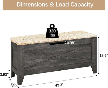 VECELO 43.3" Storage Bench with Handwoven Wicker Cushion, Lift Top Shoe Bench with Safety Hinges, Ideal for Entryway, Bedroom, Living Room, Gray