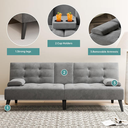 64" Futon Sofa Bed, Convertible Loveseat with 2 Cup Holders, Small Couch with 3 Adjustable Angles & Armrests, Sleeper Sofa for Small Space, Dark Grey