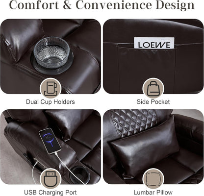 AHMED Dual Motor Power Swivel Rocker Recliner Chair, Faux Leather, Brown | Electric Glider Rocking Chair, Massage & Heat, Cup Holders, LED Lights, USB A/USB C Ports