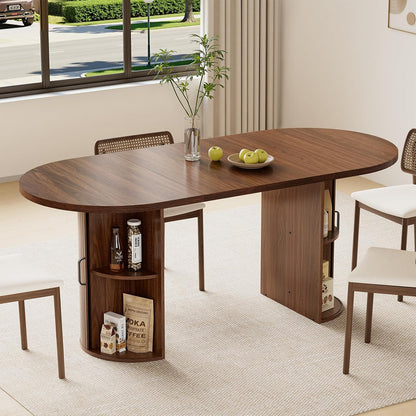 HOMMPA Oval Dining Table with Dual Side Storage 70.8" Modern Kitchen Table for 4 6 Person Farmhouse Table with Wood Strip Doors Wooden Round Dinner Tables for Kitchen Dining Room Living Room Walnut