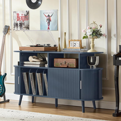 LELELINKY Extra Large Round Record Player Stand with Charging Station | Mid Century Modern Fluted Turntable Cabinet,Vinyl Storage, Arched Wood Record Player Table for Living Room,Blue