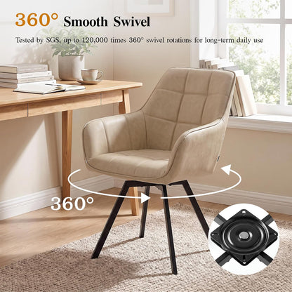 TUKAILAi Swivel Dining Chairs Set of 2, Faux Leather Dining Chairs with Arms & Metal Legs, Upholstered Mid Century Rotatable Kitchen Chairs for Living Room Bedroom Kitchen Restaurant (Cream)