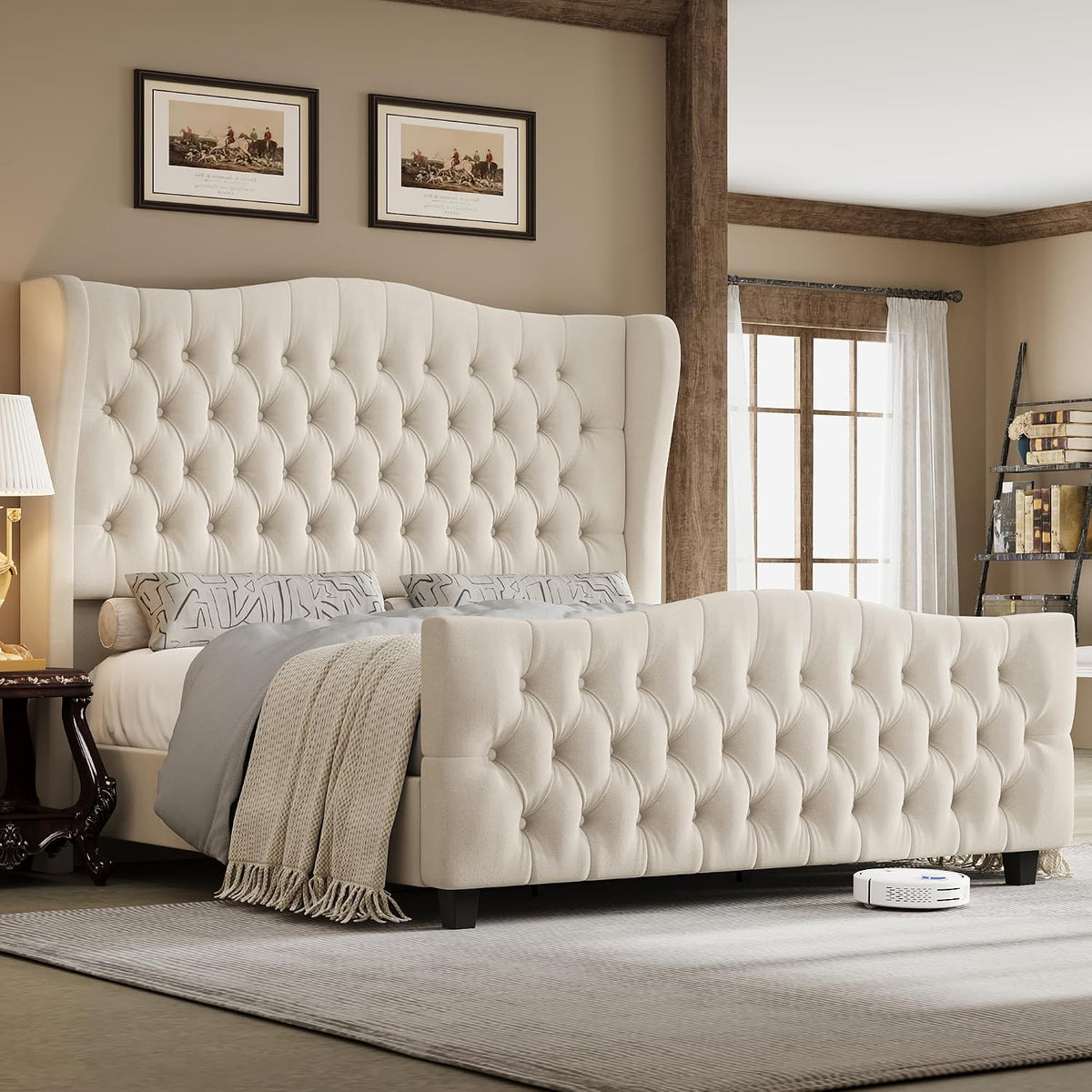 Keyluv King Size 54.3" Tall Bed Frame with Wingback Headboard & Footboard