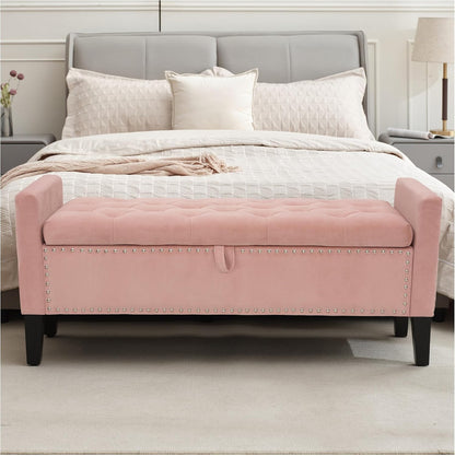Storage Ottoman Bench, Velvet Upholstered Footstool for Bedroom and Living Room, Frosted Flannel Seat with Storage, Wooden Legs & Metal Rivets, Pink