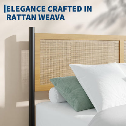 Rattan Queen Size Bed Frame, Wooden Platform Bed with Rattan Headboard